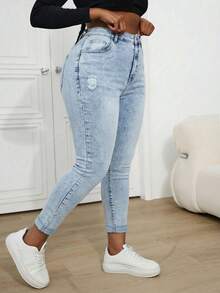 SHEIN ICON Plus Size Distressed Blue Denim Skinny Jeans - Light Wash - View 5