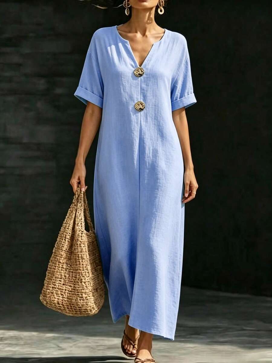 SHEIN Franclia Women's New Light Blue Notched Collar Loose Short Sleeve Casual Minimalist Modest Dress For Outing Vacation, Commute, Holiday, Beach And Party Summer - Blue - View 1