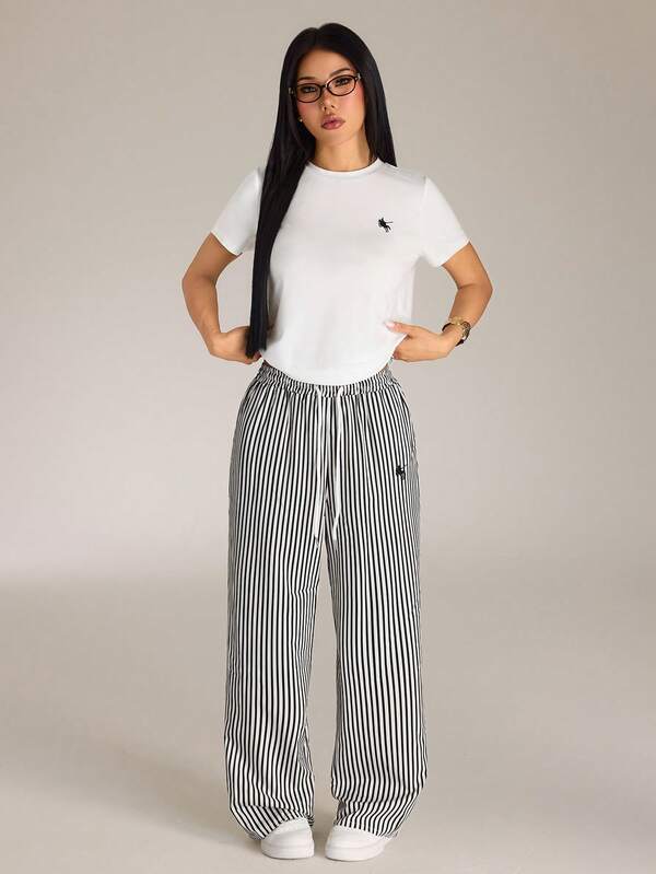 SHEIN PETITE 2pcs/Set Casual Pony Logo Printed Round Neck Short Sleeve Top And Striped Print Pants Striped Outfits White T-Shirt Striped Pants