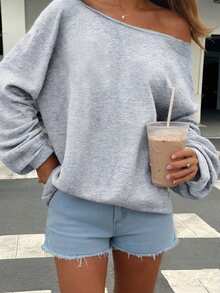 SHEIN EZwear 女款休閒淺灰色不對稱肩鬆身長袖運動衫，33%棉，適合秋季早午餐、夏冬反季穿搭 - 灰色 - 查看 8