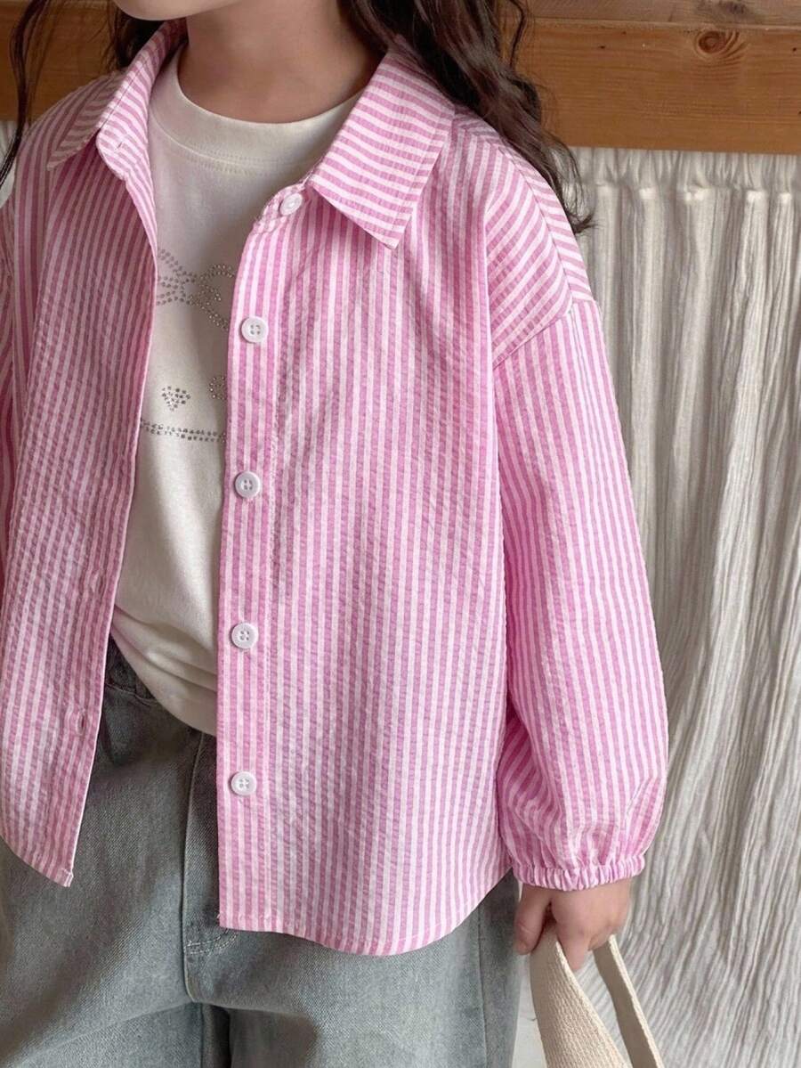 Genkimix Kids 少女休閒日常條紋前扣紋理長袖襯衫 - 淺粉色 - 查看 1