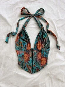 Soleia Women's Halter Tie All-Over Print Sexy Boho Versatile Casual Daily Vacation Beach Teal Summer Gold Girly Holiday Night Music Festival,No Chest Padding - Multicolor - View 5