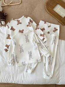 LMoss Kids Conjunto de 4 piezas de ropa de estar en casa para bebé niño con camiseta de cuello redondo de punto con estampado lindo de conejo & oso + pantalones largos de ajuste ceñido - Multicolor - Ver 3