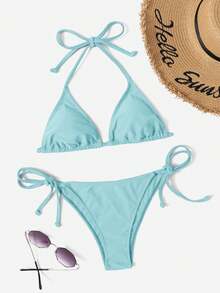 Swim Vcay Women's Vacation Pleated Solid Color Halter Tie Sexy Bikini Two-Piece Swimsuit Set - Baby Blue - View 1