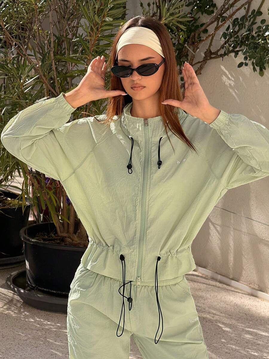 Fluxe Women Mint Green Cropped Stand Collar Zip Up Jacket Drawstring Waist Cuff Adjustable Lightweight Breathable Soft Comfort Athletic Outdoor Fall Bomber