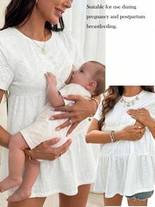SHEIN 孕妇度假休闲甜美白色纹理哺乳T恤夏季女装，镂空刺绣休闲荷叶边下摆哺乳上衣白色镂空上衣 - 白色 - 查看 1