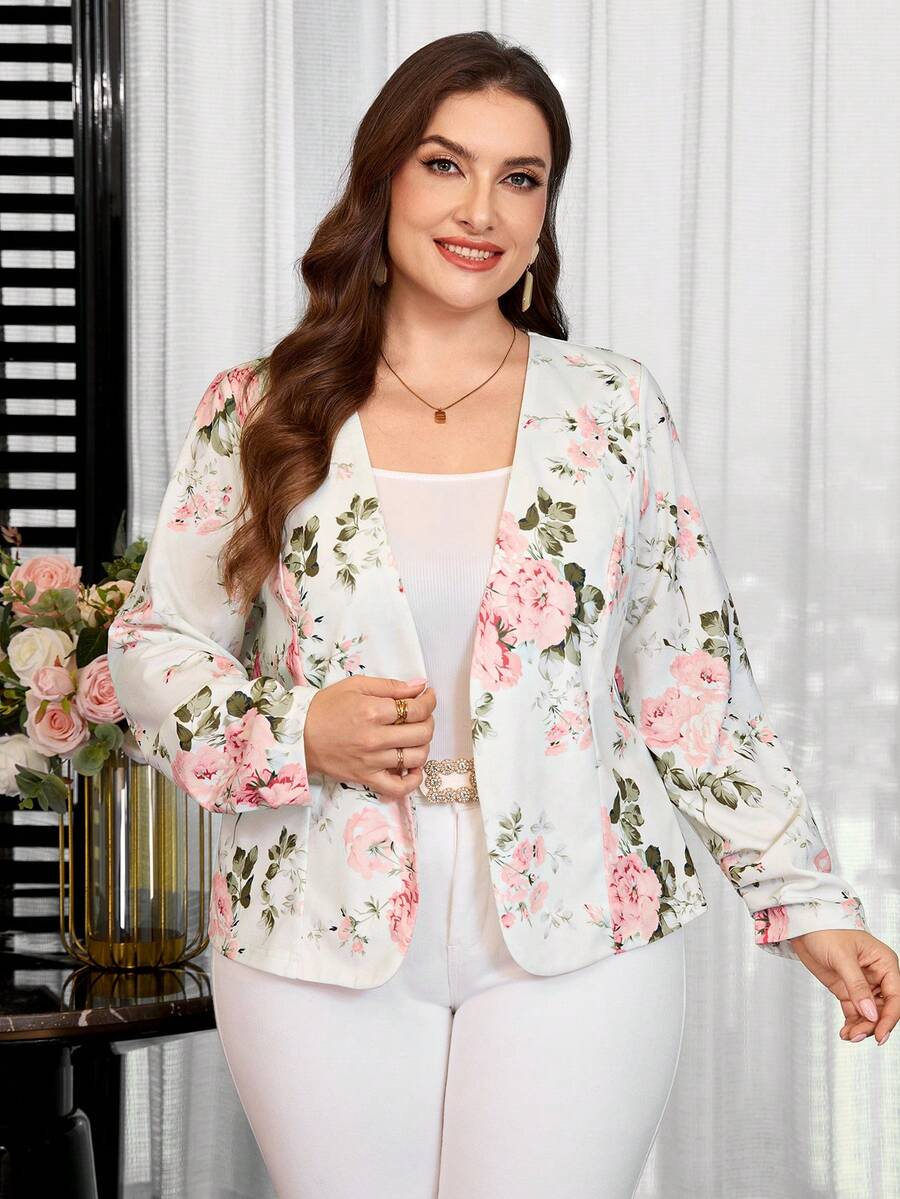 SHEIN Clasi 大尺碼女款花卉印花休閒百搭日常長袖夾克 - 彩色 - 查看 1