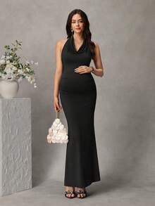 Momance Gaun Hamil Model Mermaid dengan Kerah Model Cowl Neck Halter dan Pita di Bagian Belakang, Tanpa Punggung, dan Pinggang Berkerut, Pas Badan, untuk Pemotretan, Musim Dingin, Elegan untuk Ibu Hamil - Hitam - View 8