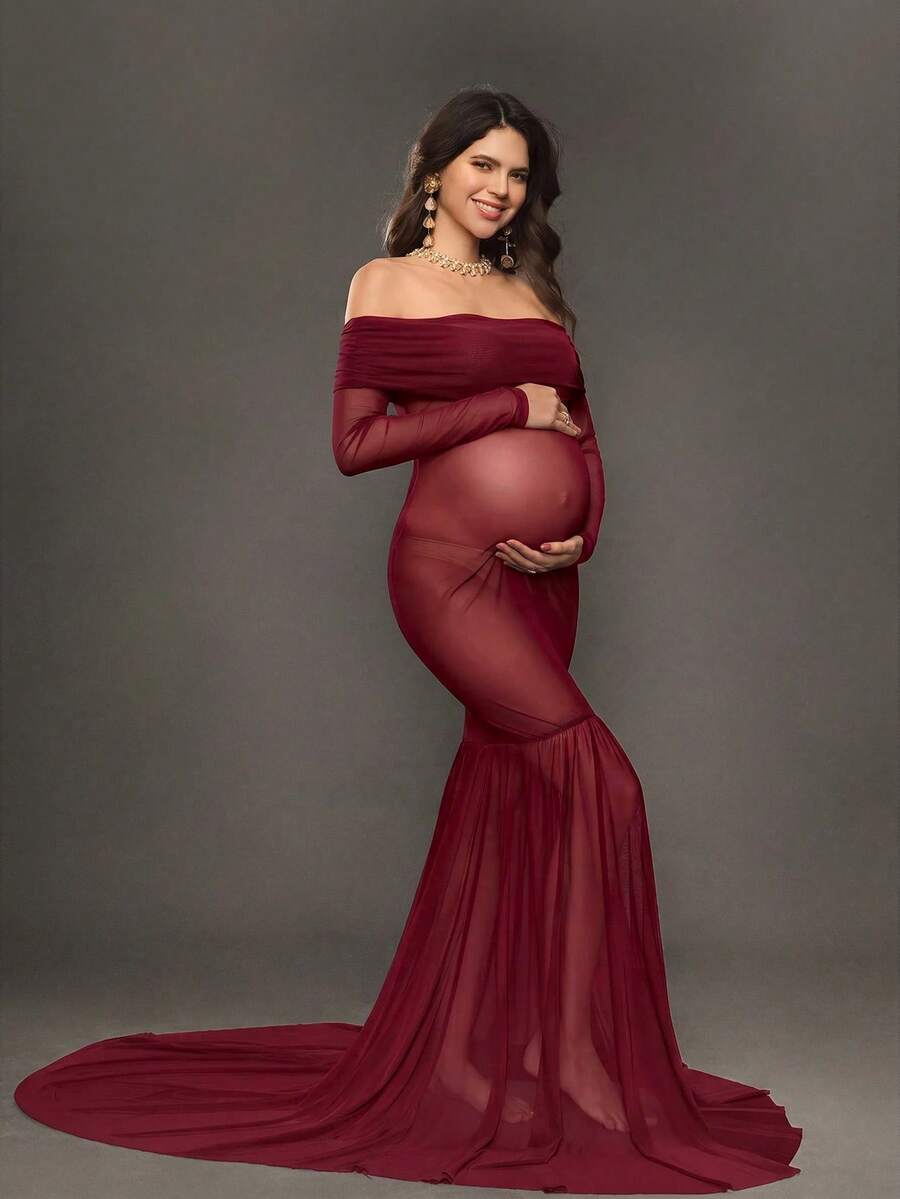 Cheriluna Maternity Gaun Fotografi Kehamilan, Gaun Maxi Tulle Lengan Panjang Tanpa Bahu dengan Potongan Pas Badan dan Hem Ekstra Panjang - Burgundy - View 1