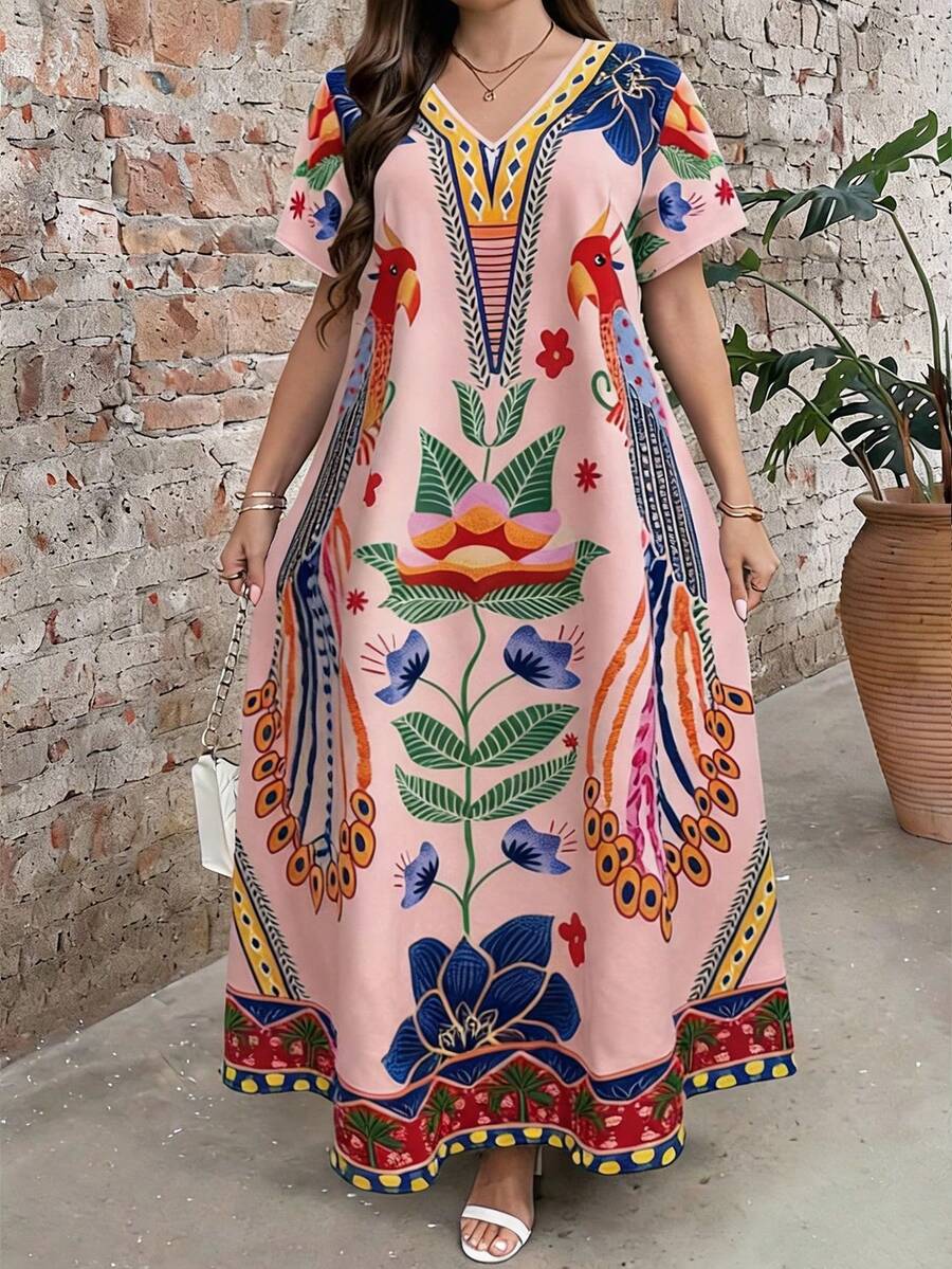 EMERY ROSE 大尺碼女款印花圓領短袖長洋裝,優雅成熟風格,適合日常穿著 - 彩色 - 查看 1