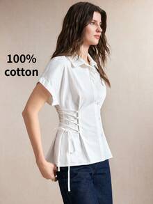 BizChic White Waist-Cinching Tie-Front Bow Blouse, Business Formal, Vacation, Slouchy, Commute, Date, Daily, Office, Independence Day, Graduation Season, Music Festival, Slimming, Elegant, Versatile, Summer, Party, Wedding Guest, Outing, Beach, Gathering, Social, Holiday, Shopping, Afternoon Tea, Travel, Y2K - White - View 6