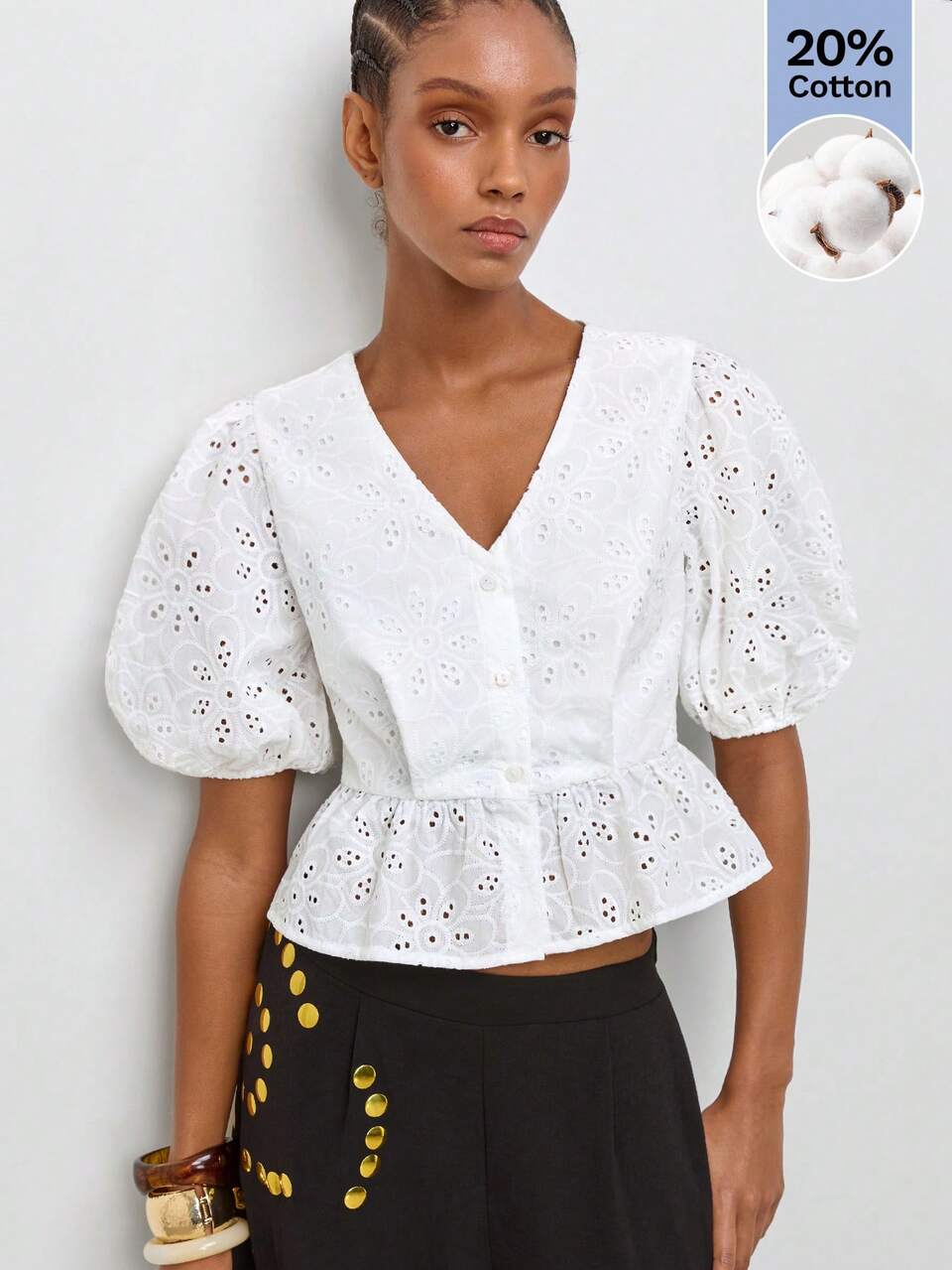 SHEIN Maija White Flower Embroidered V-Neck Waist-Cinched Vacation Casual Elegant Women's Blouse Comfortable Versatile For Country Festival Beach Summer