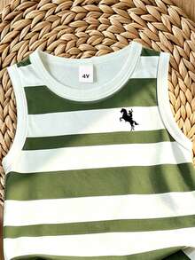 SHEIN Playful Pals 2pcs/Set Young Boy Casual Minimalist Striped Logo Print Tank Top And Logo Print Shorts, Suitable For Summer Outings - Multicolor - View 8