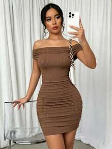 Selianne Vestido ajustado de punto acanalado con pliegues, diseño elegante de uso múltiple - Marrón - Ver 5