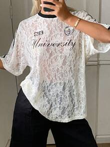 DAZY Lace Letter Print Loose Short Sleeve Casual Vacation Summer Women's T-Shirt School - Apricot - View 3