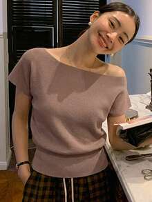 DAZY 女款素色單肩短袖休閒針織上衣 - 卡其色 - 查看 3