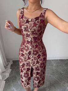 Selianne 女款 2026 粉色花卉春夏復古優雅提花心形領無袖收腰中長洋裝開衩設計婚禮禮服 - 酒紅色 - 查看 5