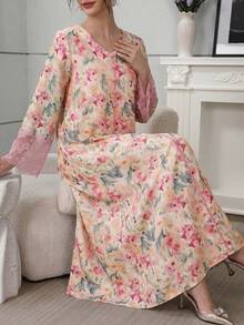 Yasmyna V-Neck Lace Cuff Print Dress With Headscarf - Multicolor - View 10
