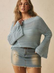 Freevana Plus Size Solid Color Boat Neck Knit Loose Bell Sleeve Top Suitable For Daily Wear Vacation Dusty Blue Autumn Traditional Fall Winter 2026 - Mint Blue - View 12