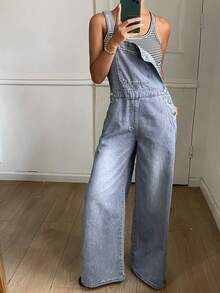 DAZY Distressed Washed Faded Loose Wide Leg Casual Streetwear Autumn Women's Denim Overalls And Jumpsuits Formal Party Black Blue - Blue - View 1