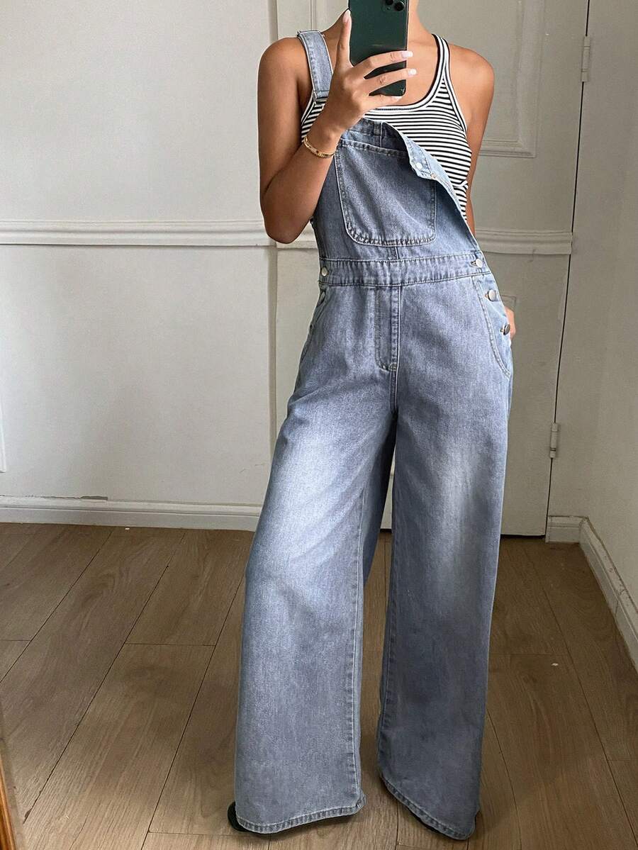 DAZY Distressed Washed Faded Loose Wide Leg Casual Streetwear Autumn Women's Denim Overalls And Jumpsuits Formal Party Black Blue - Blue - View 1