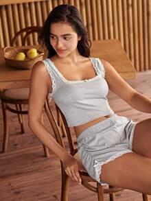 Lullawish Bohemian Vacation Style Lace Patchwork Camisole Top With 3D Floral Decor And Ruched Side Design Pants Women's Loungewear Pajama Set - Light Grey - View 3