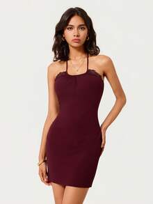 SHEIN BASICS 女款撞色蕾絲修身時尚掛脖迷你洋裝 - 中紫紅色 - 查看 5
