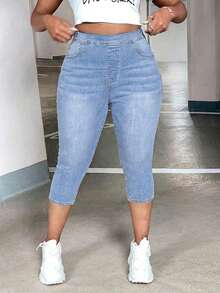 SHEIN ICON Jeans pitillo de talle alto con bolsillos en contraste de color para tallas grandes - Lavado ligero - Ver 1