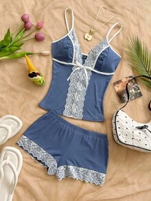 Soleia Women's Colorblock Lace Patchwork Camisole & Shorts 2 Pieces Set - Navy Blue - View 3