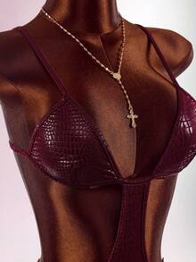 Amplova Vintage Wild Burgundy Schlangenhaut Sexy Jumpsuit & Tieftaille Rock 2 Stücke Set - Bordeaux - Übersicht 6