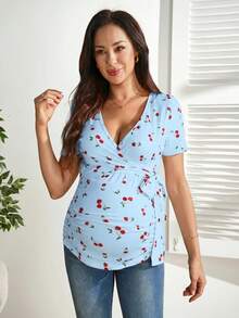 SHEIN 孕婦V領花卉印花哺乳上衣，休閒百搭日常穿著 - 藍色 - 查看 5
