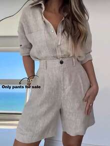 EMERY ROSE Women's Solid Color Pleated Pocket Loose Casual Linen-Like Shorts - Khaki - View 1