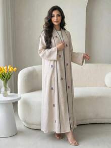 Veilorie Women's Embroidered Long Sleeve Loose Fit Arabic Decent Casual Modest Elegant Abaya Formal Beige Allover White Fall Christening Guest Office Ninang - Apricot - View 8