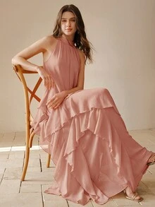 MOTF PREMIUM SUMMER FLOWY HEAVY EMBELLISHED FASHION BEACH VACATION HALTER NECK DRESS, LUXURY GODDESS STYLE - Pink - View 6