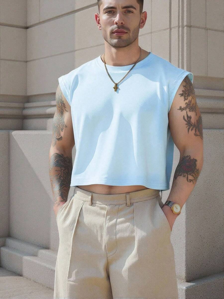 SHEIN Manfinity Dauomo Men Summer Casual Solid Color Short Sleeve T-Shirt - Blue - View 1