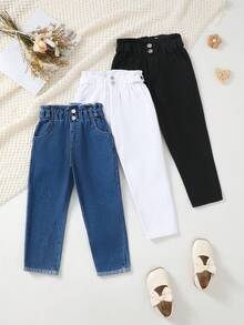 SHEIN Conjunto de 3 piezas de pantalones casuales de pierna recta de mezclilla lavada tejida multicolor azul & negro estilo preppy lindo y casual para niñas - Multicolor - Ver 5
