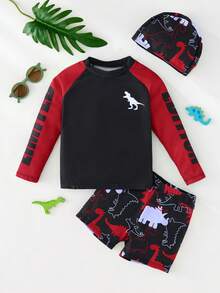 SHEIN Bubblio 三件套男童休闲运动度假学院风街头时尚可爱恐龙图案泳衣泳裤套装，含泳帽，适合儿童游泳、海滩度假、玩水、泡温泉，春、夏、秋、冬四季皆宜。 - 紅色 - 查看 5