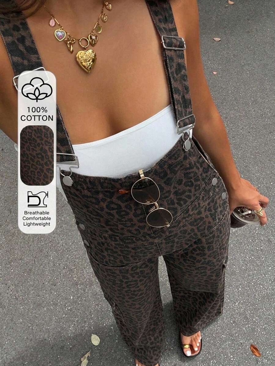 DAZY 春夏女款迷彩印花口袋休閒日常街頭風甜酷寬鬆長版牛仔吊帶褲校園風 - 棕色 - 查看 1