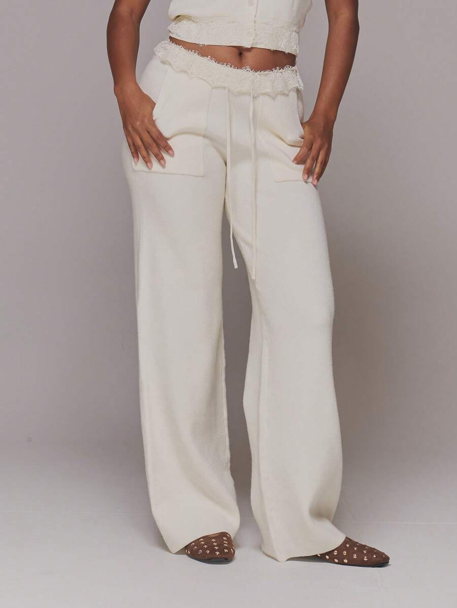 MUSERA White Knit Lace Trim Flared Trousers - Apricot - View 1