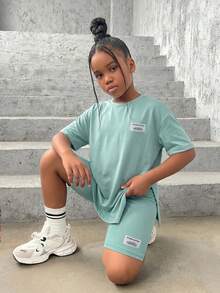 SHEIN Tween Girl Sporty Street Style Spring/Summer Knit Crew Neck Short Sleeve Top Knit Shorts Set City Break Holiday Sage Green Casual Modest - Green - View 2