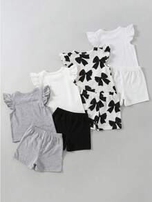 SHEIN Playful Pals 4件組女嬰可愛夏季愛心花卉印花T恤短褲度假套裝，適合假期穿著 - 彩色 - 查看 3