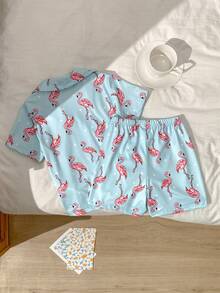 2 Peças/Conjunto Roupa de Ficar em Casa para Meninas Pequenas, Base Azul com Estampa Fofa de Flamingo Rosa, Tecido de Seda de Leite Macio e Confortável Retardante de Chama, Conjunto Casual Minimalista de Cardigan de Manga Curta com Gola e Shorts, Verão - Azul - Visão 3