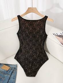 SHEIN Franclia 女士优雅约会度假蕾丝连体衣，夏季 - 黑色 - 查看 3