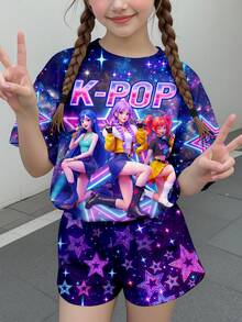 青少年女孩字母卡通印花短袖T恤與短褲休閒Y2K日常穿搭套裝 假日藍色夏季 - 彩色 - 查看 2