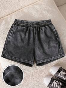 SHEIN 2026 New Tween Girls' Denim Shorts, Summer Fashion Casual Style. Grey Acid Wash, Elastic Waistband With Slit Hem Design, Straight Loose Fit. - Black - View 3