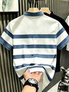 Manfinity Hypemode 復古丹寧風藍白對比條紋 Polo 衫，小馬標誌印花，藝術短袖上衣，男女款圖案 T 恤，夏季休閒日常穿著與外出百搭上衣 - 彩色 - 查看 2