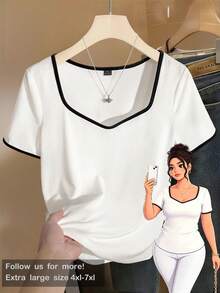 SHEIN CURVE+ Plus Size Women's Casual Stretch Short Sleeve Spring/Summer Black & White Color Block Commuter Daily T-Shirt - Black and White - View 1