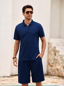 Mercer Haus 2 piezas Conjunto de camisa polo de manga corta y pantalones cortos de unicolor casual para hombres, adecuado para la playa, el transporte, el gimnasio y las salidas de fin de semana - Multicolor - Ver 5