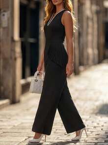 GlowEve CURVE Women's Plus Size V-Neck Pearl Decor Sleeveless Asymmetrical Cinched Waist Black Wide Leg Jumpsuit, Satin, Sexy, Elegant Summer Party Cocktail - Black - View 6
