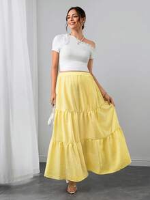 Momance Fresh Yellow Striped High Waist Maternity Midi Skirt, Vacation Style Woven Loose Fit Baby Shower Spring Casual Fall Beach Fall - Yellow - View 3